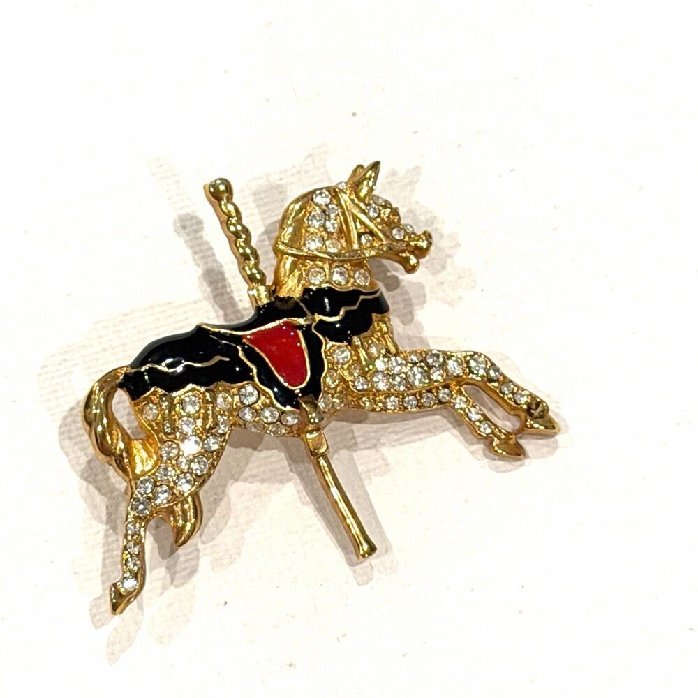 VTG Horse Carousel Merry Go Round Brooch Black/Red Enamel GoldTone Rhinestones